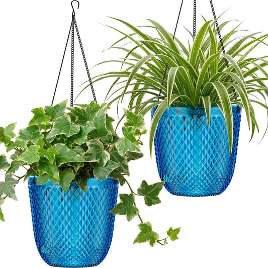 QCQHDU Hanging Planters for Indoor Plants, 2-Pack 5.7 Inch Self Watering Hanging Pots, Plastic Plant Hanger with Drainage Holes and 3 Hooks Chains for Garden Home (Klein Blue)