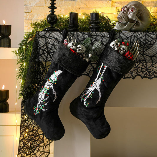 Croknit 2 Pcs Gothic Christmas Stocking Black Velvet Stocking Goth Xmas Skeleton Hand Embroidered Stockings Hanging Ornaments Santa Candy Gift Bags for Christmas Home Decorations(Light)