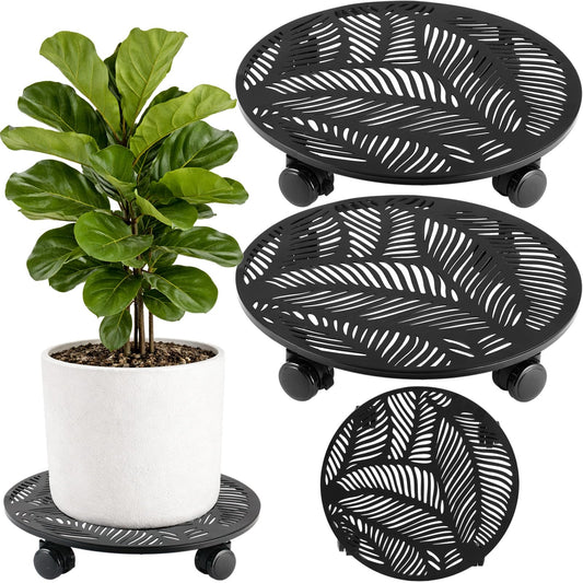 Planterhoma 2 Packs 12 Inch Large Metal Plant Caddy with Wheels Heavy-duty Rolling Plant Stand with Casters Flower Pot Mover Roller Base Flower Pot Dolly Coaster Trolley, Tropical Leaf