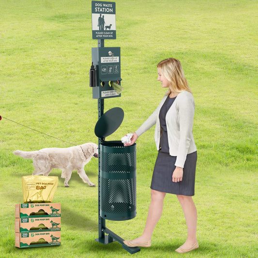 Qinyoung Pet Waste Station, Includes 600 Roll Bags, Dog Waste Station with Foot Pedal, Dog Poop Sign, Bag Dispenser, Hand Sanitizer Bottle and Covered Outdoor Trash Can for Parks, Trails Outdoor