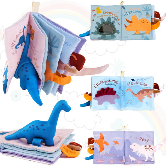 Richgv Baby Books Toys 0-6-12 Months, Baby Boy Gifts Touch and Feel Crinkle Books with Dino Doll, Newborn Infant Carseat Toys 6-9-12 Months Shower Gifts Easter Basket Stuffers
