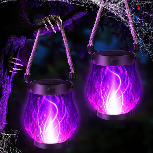 iBaycon 2 Pack Solar Lanterns Lights, Halloween Flickering Flame Garden Lights with 2 Modes Dual Charging USB & Solar, Outdoor Waterproof Hanging Lantern for Party Holiday Halloween Decor (Purple)