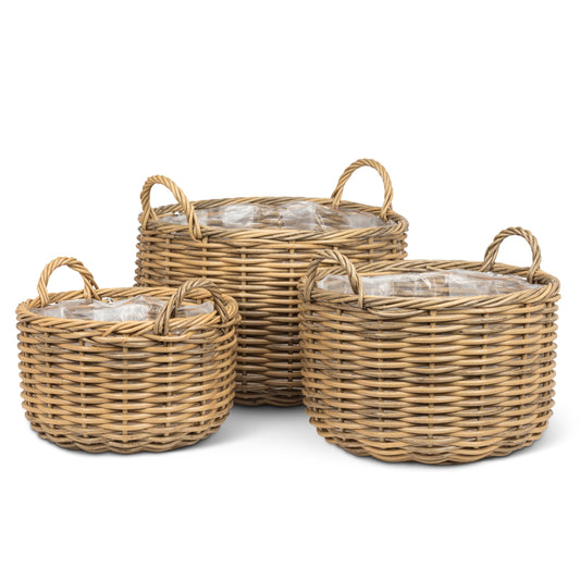 Abbott Collection Large Woven Baskets/Planters with Handles. Set of 3 - Plastic/Metal, Natural (14.5" to 20"D)