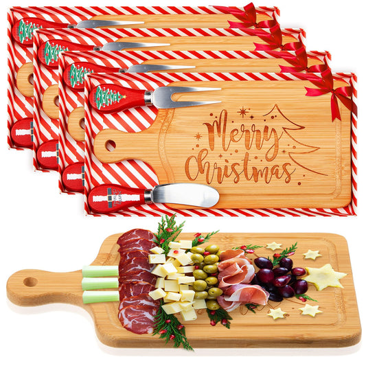 Ziliny 4 Set Christmas Cheese Board and Knife Set, Wooden Small Charcuterie Board Mini Holiday Serving Tray with Knives for Xmas Gift Party Home Decoration (Square)