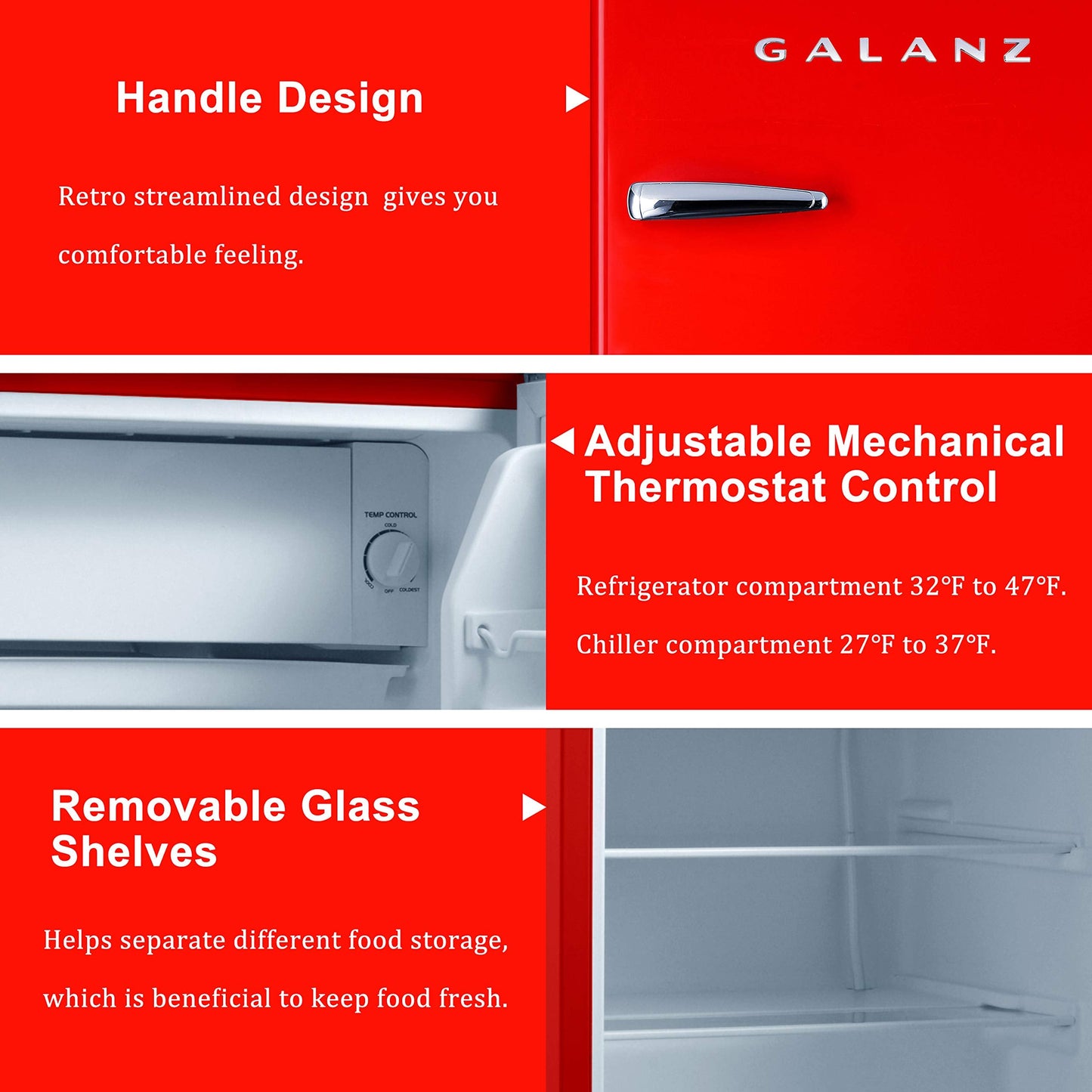 Galanz GLR25MRDR10 Retro Compact Refrigerator, Mini Fridge with Single Doors, Adjustable Mechanical Thermostat with Chiller, Red, 2.5 Cu Ft
