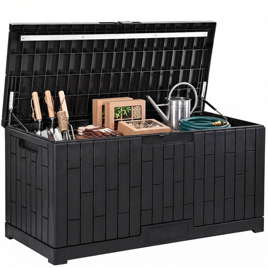 YITAHOME Large Deck Box 120 Gallon Resin Outdoor Storage Box with Slide-Locking Lid, Patio Storage Bin and Bench Seat for Outdoor Pillows, Garden Tools and Pool Supplies, Waterproof Lockable, Black