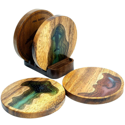 MCSpaceDog coasters for drinks Wooden Coasters Set, Coasters for Coffee Table Tabletop Protection for Any Table Type(Set of 4, 1 Holder)
