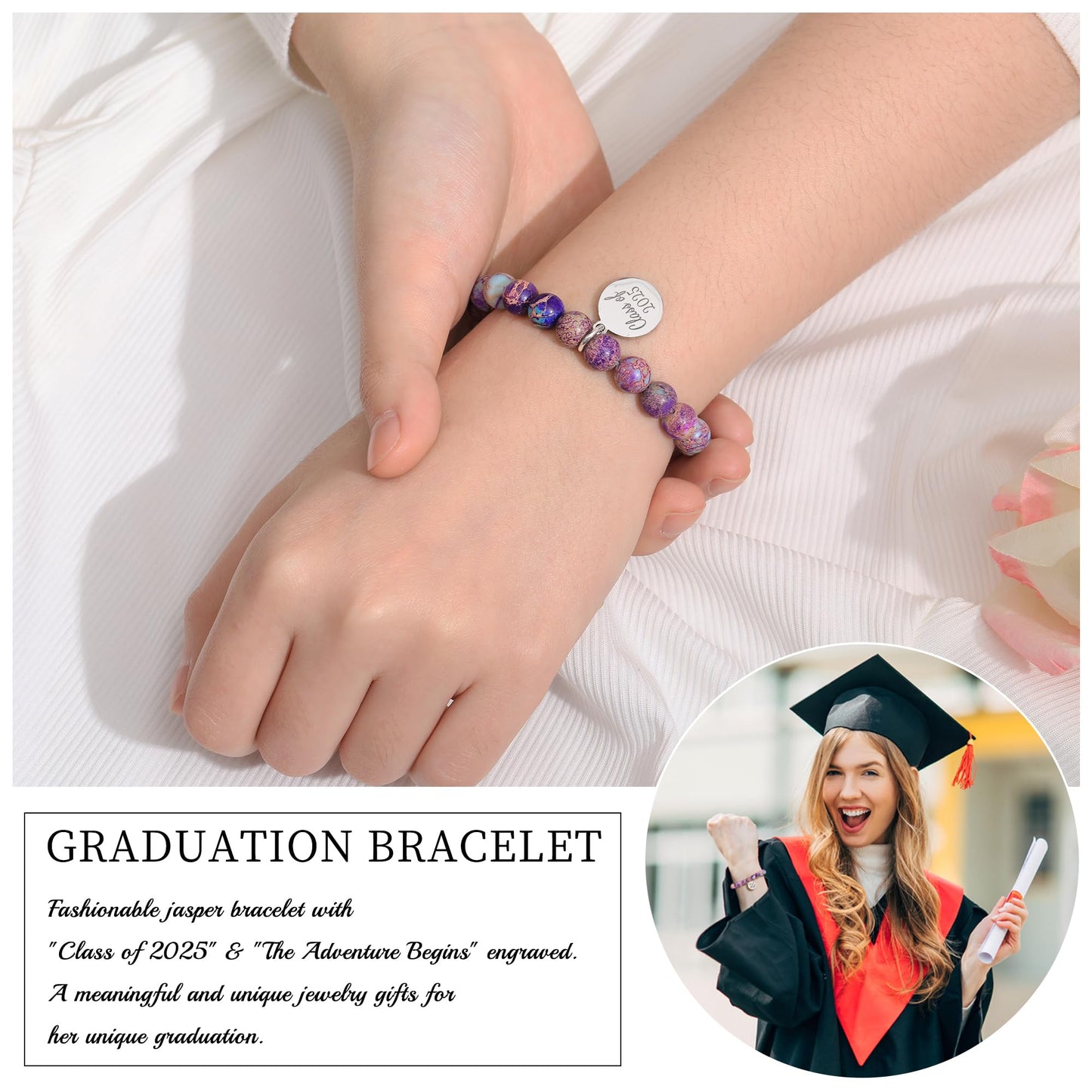 Sistble Graduation Bracelet Inspirational Gifts for Women Class of 2026 Engraved Beaded Bracelets College High School Teen Girl Gifts The Adventure Begins Graduation Jewelry