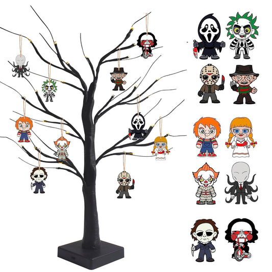 BIGSPINACH Black Halloween Tree with LED Lights and Spooky Wooden Hanging Ornaments Horror Movie Ornaments, Light Up Halloween Decor