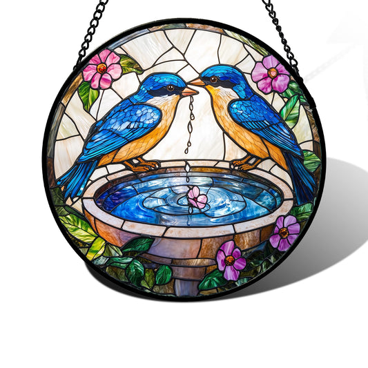 DASTOLL Stained Glass Window Hanging, 2 Blue Birds Suncatcher Diamond Glass Panel Hangings Bird Lover Sun Catchers Decor for Birthday for Women, Men, Wife, Aunt, and Mom 6.3 in