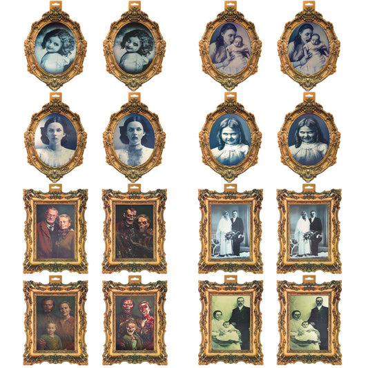 YBB 8Pcs Halloween 3D Changing Face Moving Pictures, Horror Portrait Frame Scary Photo with Hanging Hole Creepy Wall Decor for Home Castle Haunted Mansion House Halloween Party