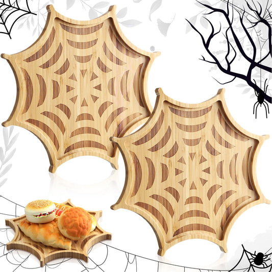 Sintuff 2 Pcs Halloween Charcuterie Board Funny Bamboo Wood Cheese Platter Tray Dinnerware Cookware Serving Tray Plates for Candy Cookie Home Party (Web, 12 x 12 x 0.8 Inch)