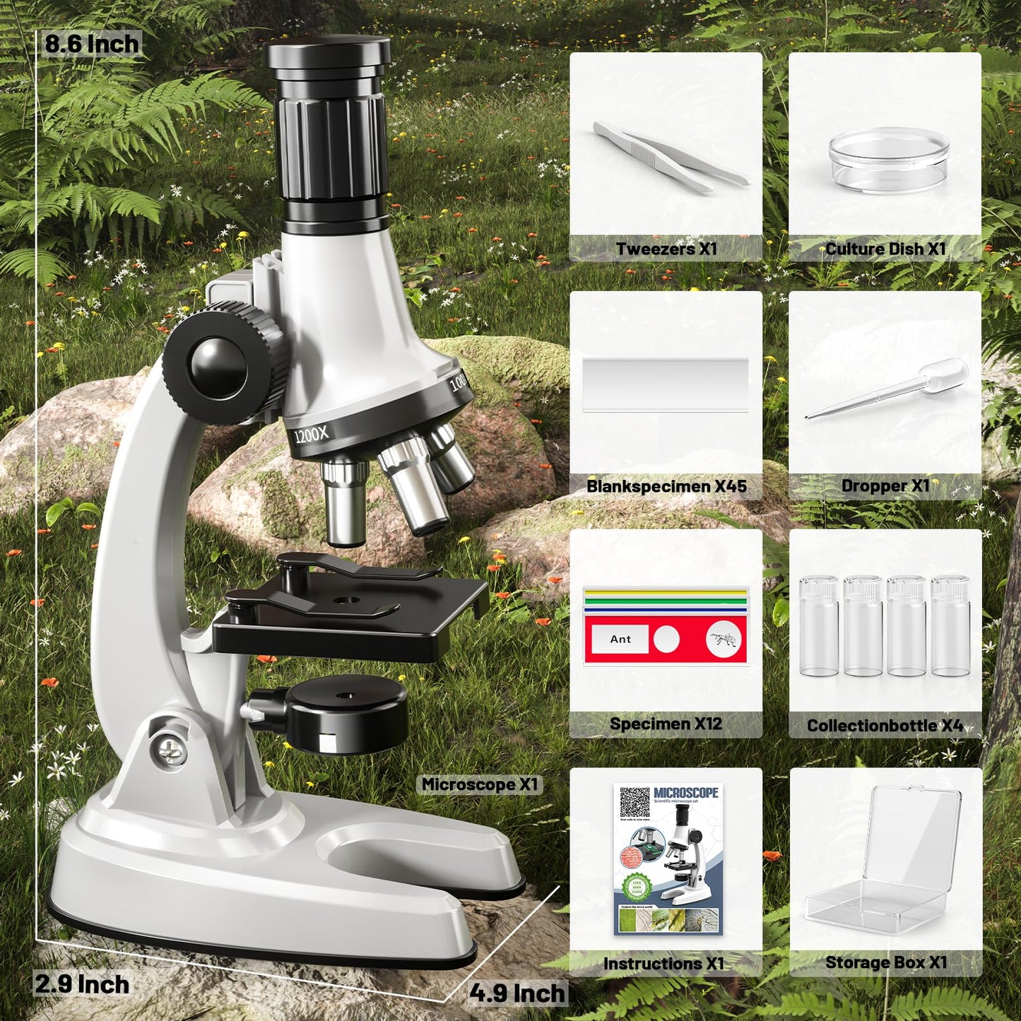 Microscope for Kids, 67 Pcs Kids Microscope Science Kit with 100X-1200X Microscope, Slides and Tools, Science Experiments Kit STEM Project Toy Gift for for Kids Boys Girls Beginner 3-5 5-7 8-12