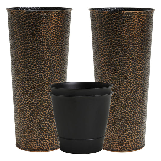 Worth 2 Pack 28" Tall Narrow Metal Planter with Inside Pot for Indoors or Outdoors, Deck, Patio or Front Porch, Hand-Hammered Texture, Bronze