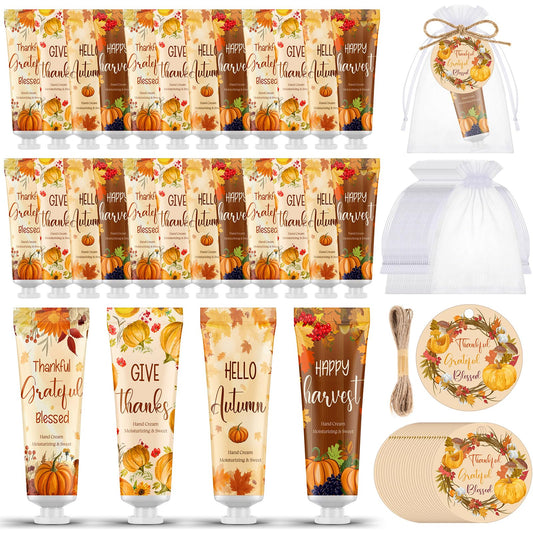 Leelosp 24 Sets Thanksgiving Fall Hand Cream Set Mini Pumpkin Hand Lotion with Tag and Organza Gift Bags Fall Gifts Set for Dry Cracked Hands Autumn Thanksgiving Baby Shower Party Favors