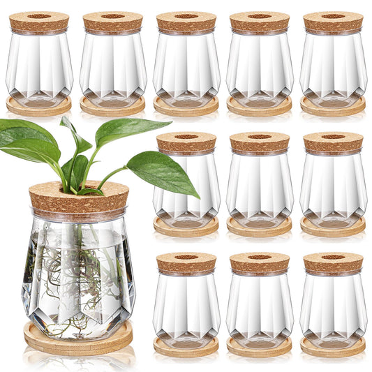 Baderke 12 Packs 4.7" Large Plastic Propagation Vases for Plants with Hole Lid and Bamboo Stand Growing in Water Hydroponic Home Office Desktop Vase Decoration