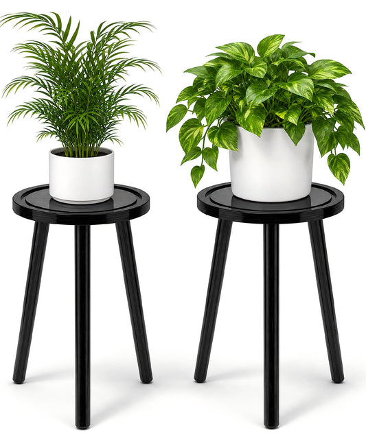 Vecxoty 2-Pack Wood Plant Stands Indoor, 16.7" Tall Plant Stand Outdoor Mid-Century Plant Stool, Single Plant Table Modern Small Round Side/End Table for Living Room, Balcony, Office(Black)