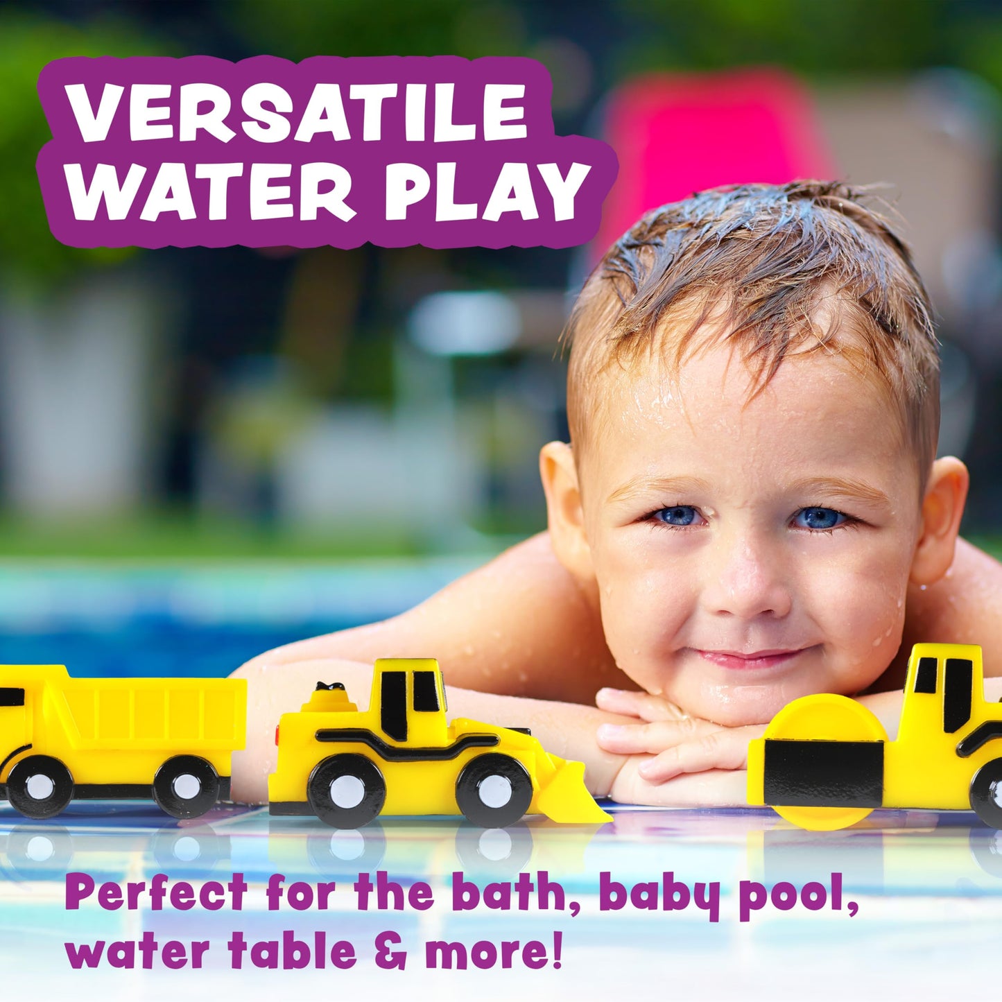 Tub Works® Construction™ Trucks Mold Free Bath Toys, 6 Pack | Sealed, No Hole Bath Toys Design Keeps Moisture Out | Soft, Squeezable & Float on Water | Baby & Toddler Bathtub Toys | Baby Pool Play