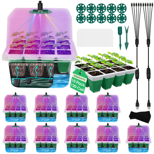 MQHUAYU Self Watering Seed Starter Tray with Grow Light, 10-Pack 120-Cell Reusable Seed Starter Kit with Soft Silicone, Plant Germination Trays with Humidity Dome for Seeding Planting Growing