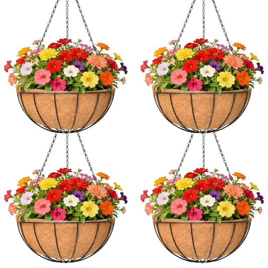 GYATSOCYG 4 Pack 14 Inch Outdoor Metal Hanging Planter Basket, Hanging Plant Flower Pot,Round Modern Flower Holder Pot Garden Accessory