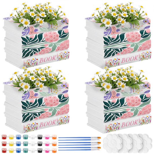 Singhoow 4 Set 3.9 Inch Book Planter Pot Ready to Paint Your Own Ceramic Book Flowers Pot Ceramics to Paint DIY Unpainted Paintable Kit Crafts with Acrylic Brush Palette for Adults