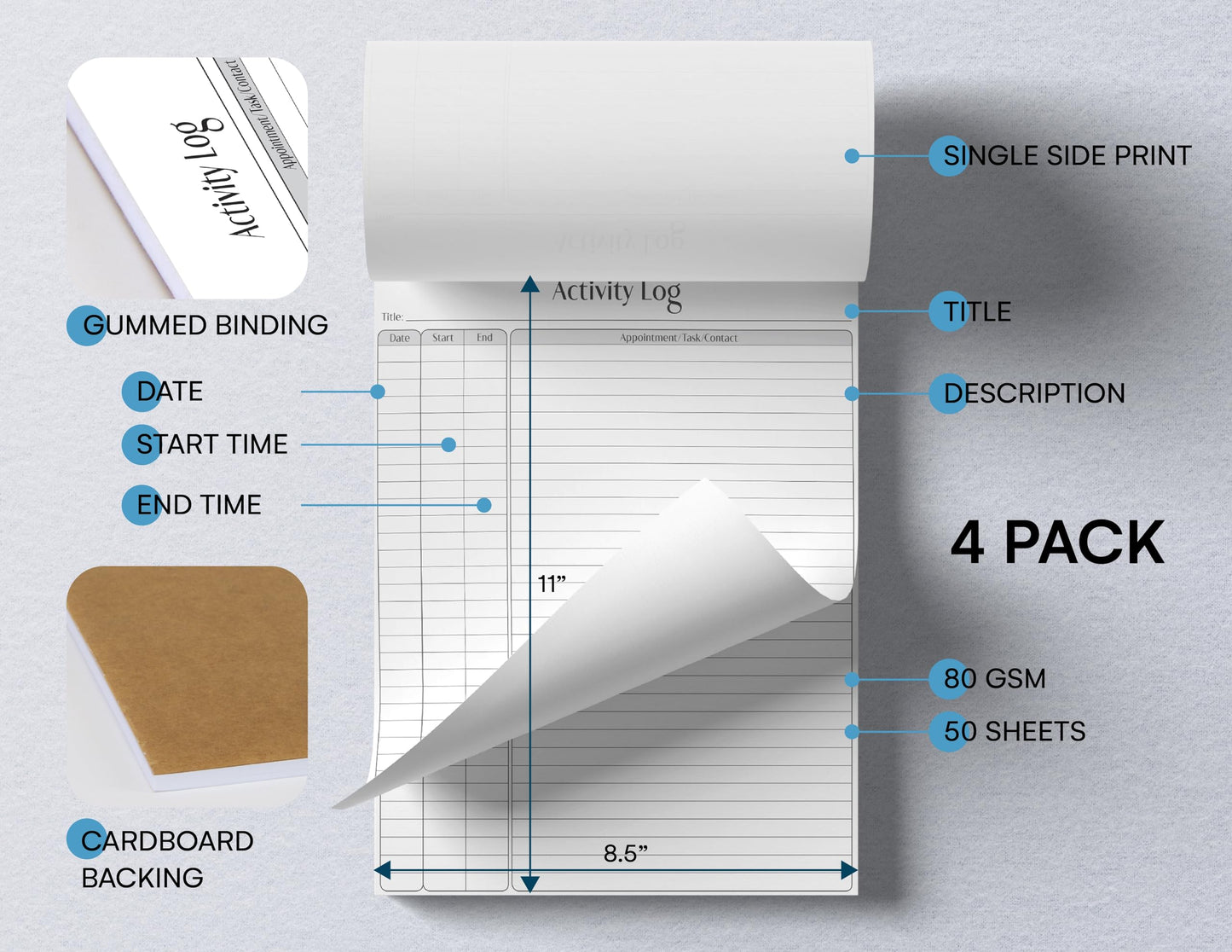 Better Office Products Activity Log Notepad, 8.5" x 11", Planning Note Pad, 50 Sheets, Daily Time Tracking Productivity Checklist Organizer,(4 Pack)