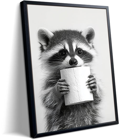 XYHYRA Bathroom Wall Art, Cute Black and White Raccoon Canvas Prints Poster, Funny Animal Decor Oil Painting, Modern Farmhouse Picture Artwork for Bathroom Toilet Wall Decor 8x10 Inch Framed