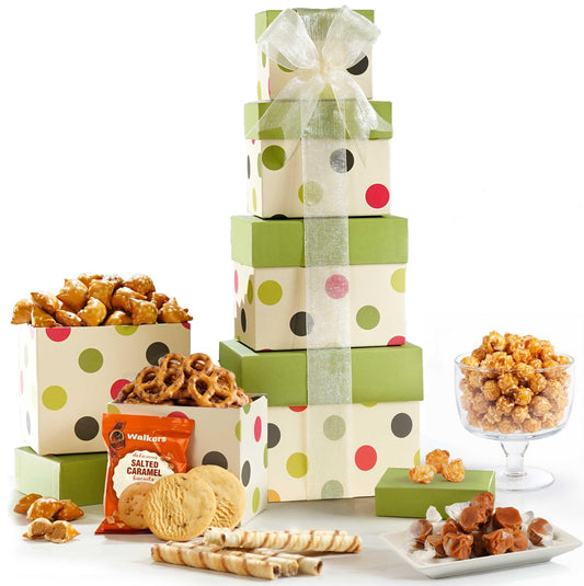 Broadway Basketeers Mother's Day Tower, gift basket with Sweet & Savory Treats, Thank You Gift for Mom, Birthdays, Holidays & Celebrations, Kosher