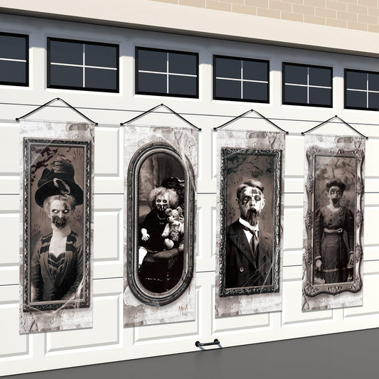 Panelee 4 Pcs Halloween Gothic Banner 3D Changing Face Moving Portrait Banner Decorations Halloween Horror Scary Porch Sign Backdrop for Indoor Outdoor Haunted Wall Hanging Decor