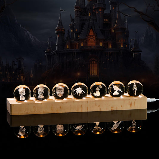 Qianwei 3D Crystal Ball Gothic Halloween Decor with Led Lamp Base - Best Birthday Gift for Man Teacher Boy Kids - Skeleton Bride Gloom Spider Skull Wizard Cat Raven Gifts