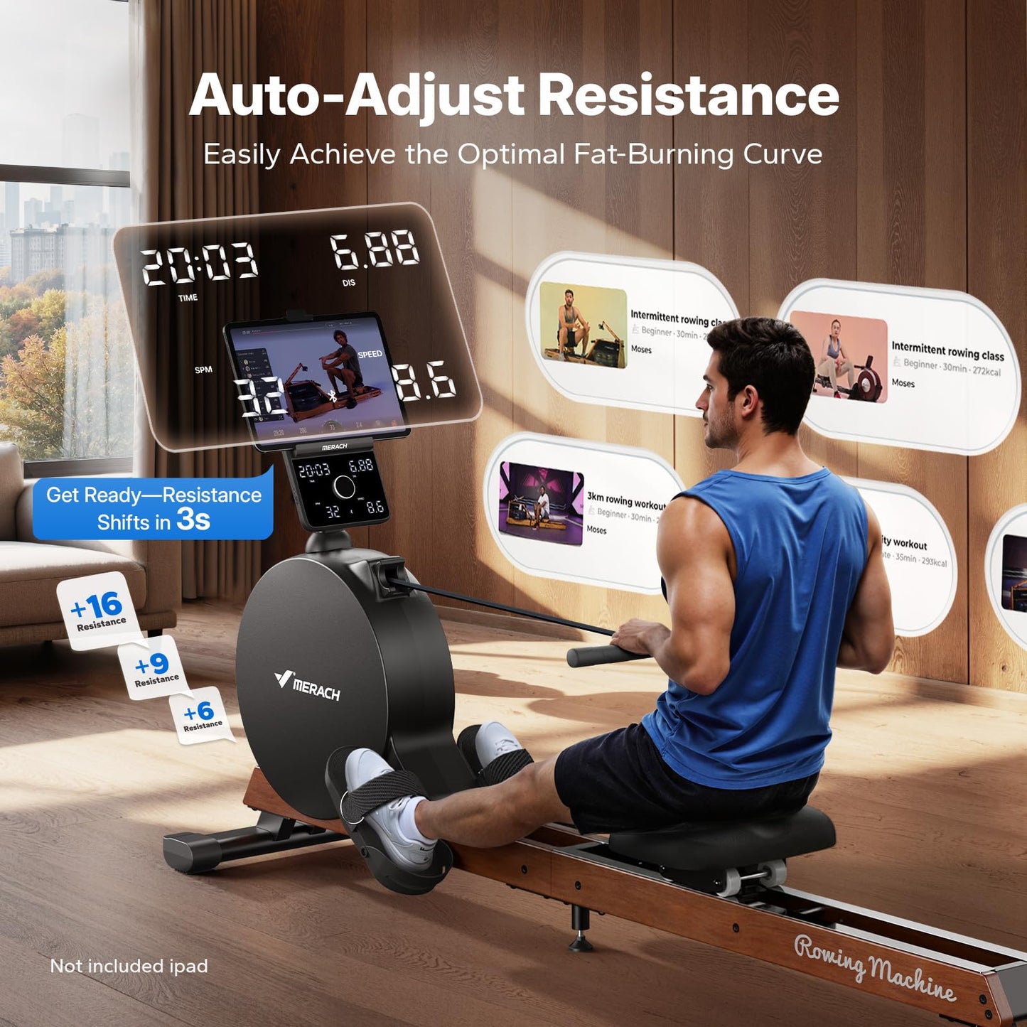 MERACH Pro-Grade Rowing Machines for Home, Smart Magnetic Rowing Machine with Self-Generation, Double Resistance and 400 LBS MAX Load, Wooden Tracks for Silent Sliding, MERACH App 1000+ Course & Games
