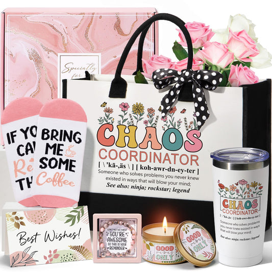 Thank You Gifts for Women Administrative Professional Day Gifts, Chaos Coordinator Basket for Coworkers Employee Boss lady Manager Nurse Teacher Appreciation Gift, Birthday Gift w/ Canvas Tote Bag