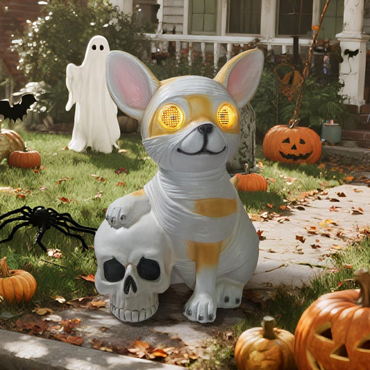 QOCNAM Halloween Decor Outdoor Solar Dog Statue Garden Decorations Holding Skeleton Statue Lights with 360° Spinning Glowing Eyes Ghost Garden Decor & Creative Gifts