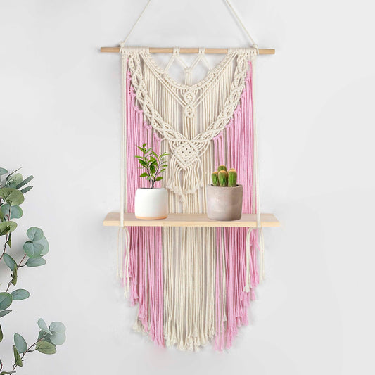 HVEST Pink Macrame Wall Hanging Shelf Boho Wall Decor Floating Storage Book Shelf Pink and Beige Handmade Woven Tapestry for Bedroom Living Room Dorm Nursery Bathroom Wall Art Macrame Plant Hanger