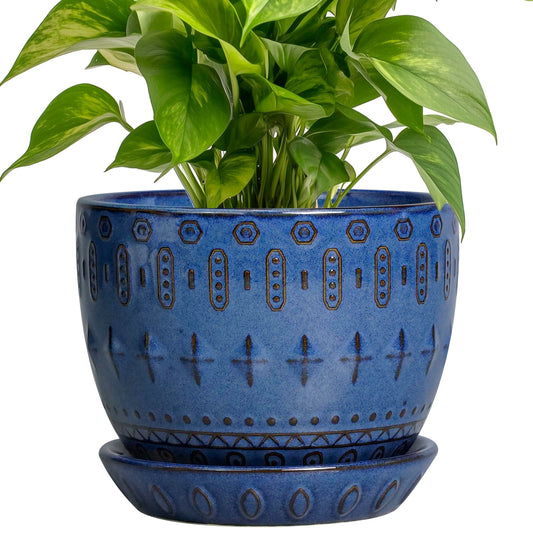 G EPGardening Plant Pot 5 Inch - Ceramic Planter for Indoor Plants Outdoor, Succulent Orchid Pot with Drainage Hole and Saucer, Round Flower Pot for Home Decor, Blue