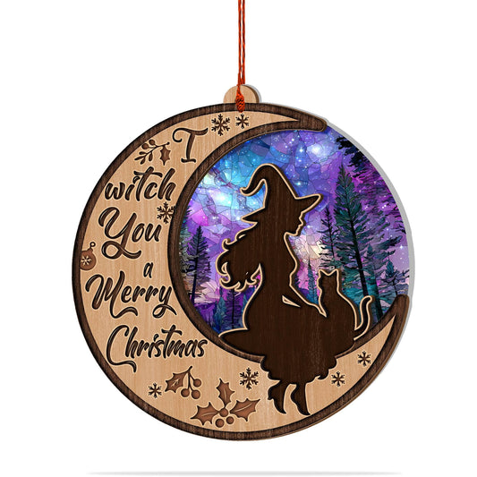 Witchy Christmas Ornaments, Shatterproof 3D Wood and Acrylic Witch Ornament on Crescent Moon, Magical and Gothic Holiday Decoration for Christmas Tree, Unique Spiritual Gift for Women, Friends