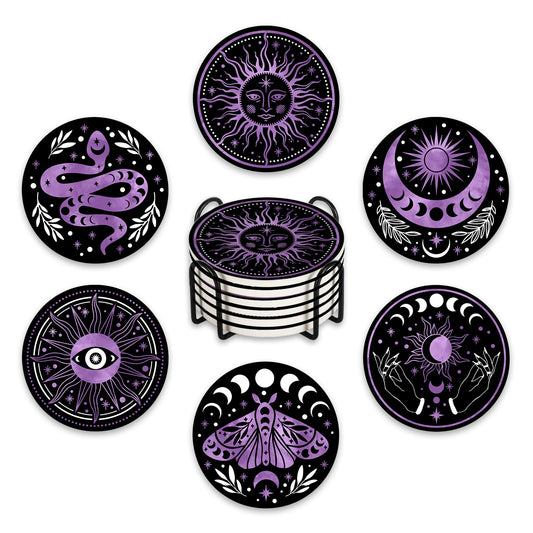 Paayna Moon Phase Sun Ceramic Coasters with Holder Set of 6, Mystical Astrology Snack Moth Absorbent Drink Cup Mat for Coffee Table Protection, 4'' Retro Dark Home Kitchen Decor Housewarming Gifts