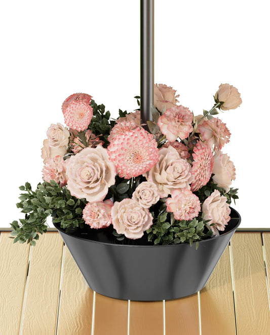 Koutemie 2-in-1 Umbrella Planter for Patio Table & Pole, Half Round Flower Planters Pots with Umbrella Hole Fits Poles Up to 2” Diameter, PVC Post Planter Wrap Around Umbrella for Garden, Black