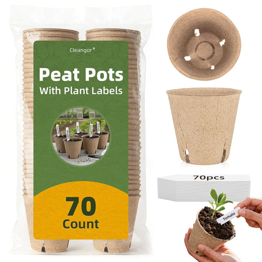 CLEANGOR 70Pcs Biodegradable 3.15” Peat Pots with 70Pcs Plant Labels, Biodegradable Seed Starter Pots with Drainage Holes, Nursery Pots for Seedlings, Herbs, Vegetables, Flowers, Gardening Kit