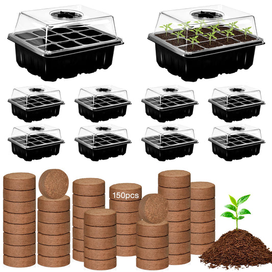 ZeeDix 10 Set Seed Starter Tray Kits, 10 Pack Seed Trays with 150 Pack Coco Coir Pellets, Adjustable Humidity Germination Tray with Dome Lids for Indoor Plants, Mini Greenhouse for Vegetables Garden