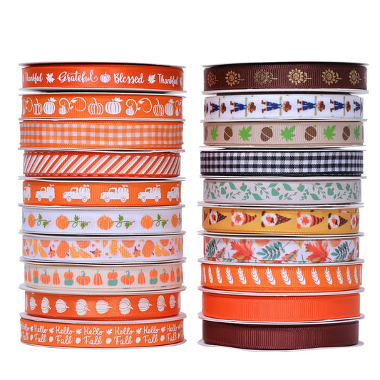 Ribest Fall Ribbon Thin, 3/8 Inch Grosgrain Pumpkin Thanksgiving Ribbons for Crafts Gift Wrapping Bows Making Autumn Harvest Decor 20 Rolls 100 Yards