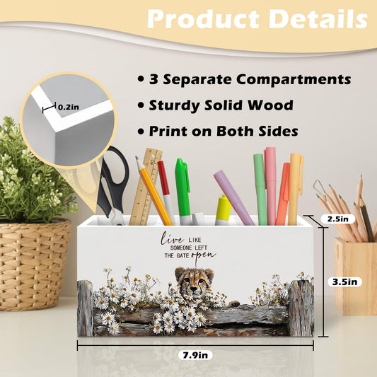 ANIANG Rustic Cheetah Pen Holder Organizer, Farmhouse Leopard Gifts for Women Desk Decor, Live Like Someone Left the Gate Open Wooden Pen Pencil Holders for Vintage Desk Accessories