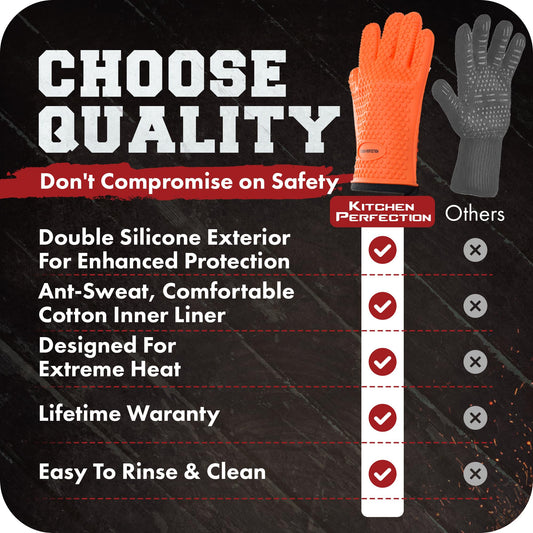 KITCHEN PERFECTION Silicone Smoker Oven Gloves -Extreme Heat Resistant BBQ Gloves -Handle Hot Food Right on Your Smoker Grill Fryer & Pit | Waterproof Oven Mitts |Superior Value Set+3 Bonuses