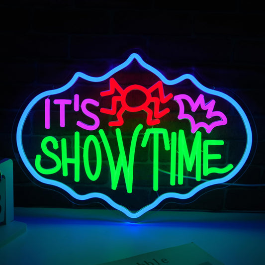 LIUOZHTEA Halloween Neon Sign Colorful It’s Show Time Neon Light Sign for Wall Decor Spider Bat Shape Led Light Up Sign for Halloween Party Terror Theme Chamber of Secrets (Dimmable USB)
