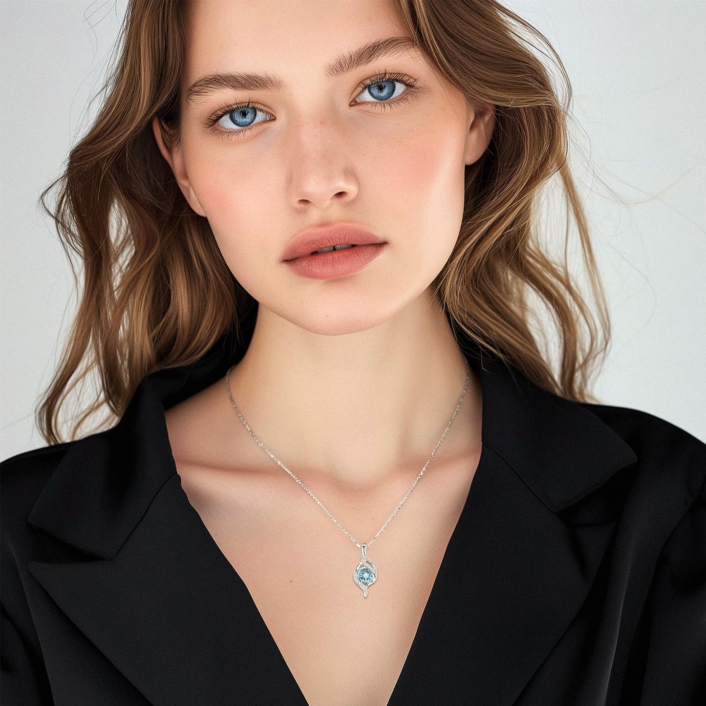 FANCIME March Birthstone Necklace for Women Round Aquamarine Necklace S925 Sterling Silver full Love Birthday Gifts for Mom Women, 16"+2" Inches