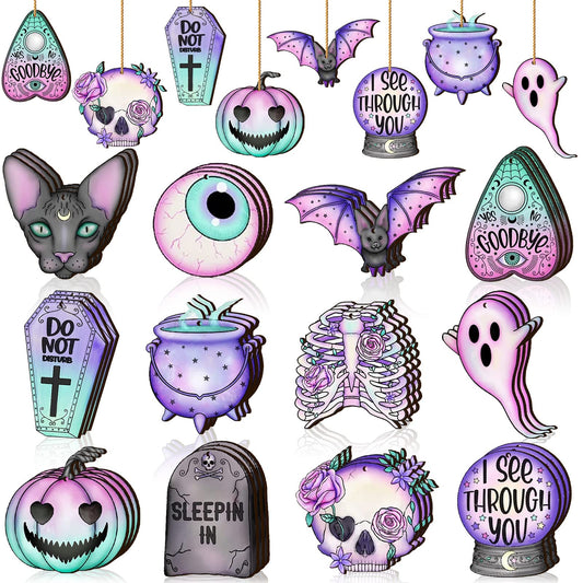Maitys 36 Pcs Gothic Christmas Ornaments Wooden Horror Spooky Tree Ornaments Purple Pink Ghost Black Cat Skull Pumpkin Wood Cutouts with Rope Gothic Christmas Decor for Tree Home Wreath Party Gifts