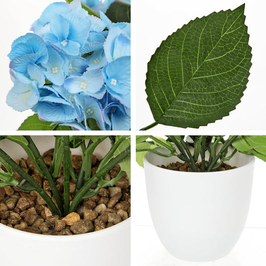 13" Artificial Hydrangea Flowers Plant in White Pot, Faux Hydrangeas Plants for Coastal Home Office Indoor Outdoor Decor, Realistic Floral Arrangement for Side Table, Porch & Entryway, Pale Blue
