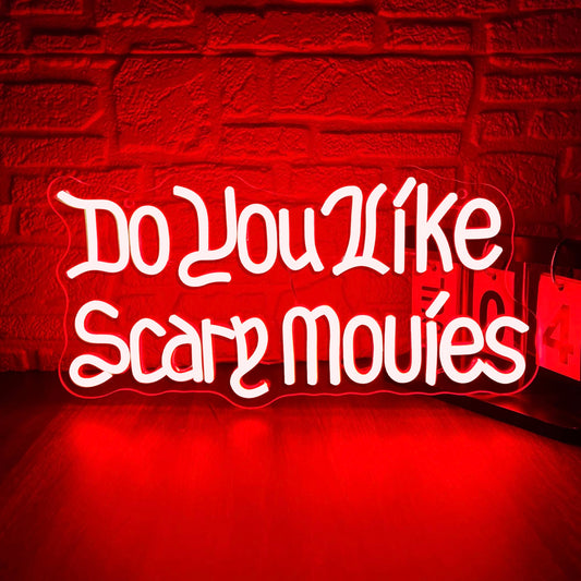 Do You like Scary Movies Neon Signs for Wall Decor, Dimmable Halloween Decoration Gothic Font Scary Movies Sign, USB Neon Light for Man Cave Decor Horror Room Birthday Party Gifts(15.7 * 7.8in)