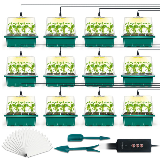 LYDTICK 12-Set Seed Starter Tray with Grow Light, Seed Starting Trays Kits with Timing Controller Adjustable Humidity Domes Heightened Lids(12-Cells Per Tray)