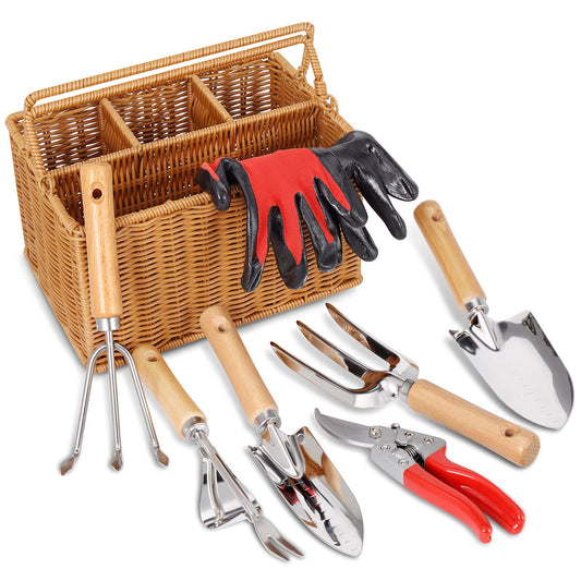 SOLIGT Garden Tools Set with Basket, Heavy Duty Stainless Steel Gardening Hand Tool with Wood Handle, Pruning Shears, Gloves - Perfect Gardening Gifts Planting Supplies for Women Men
